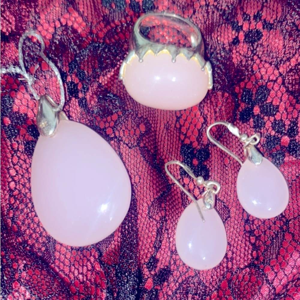 Pink Sterling Silver set pendant earnings ring